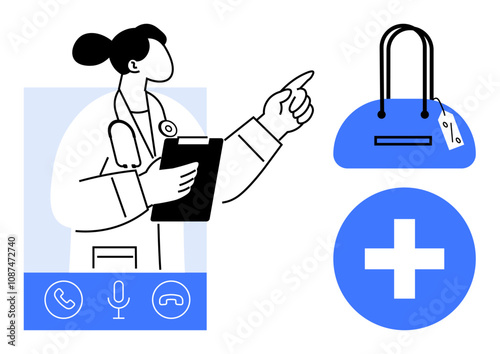 Female doctor in telehealth consultation holding a clipboard, pointing with hand. Visible icons handbag, medical cross, call, microphone, and chat. Ideal for telemedicine, healthcare online