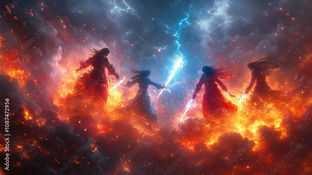 Fototapeta premium Epic full-body anime duel between a hero and a villain, both wielding massive glowing energy swords. The battlefield is a vast desert with swirling sandstorms and beams of light piercing through the d