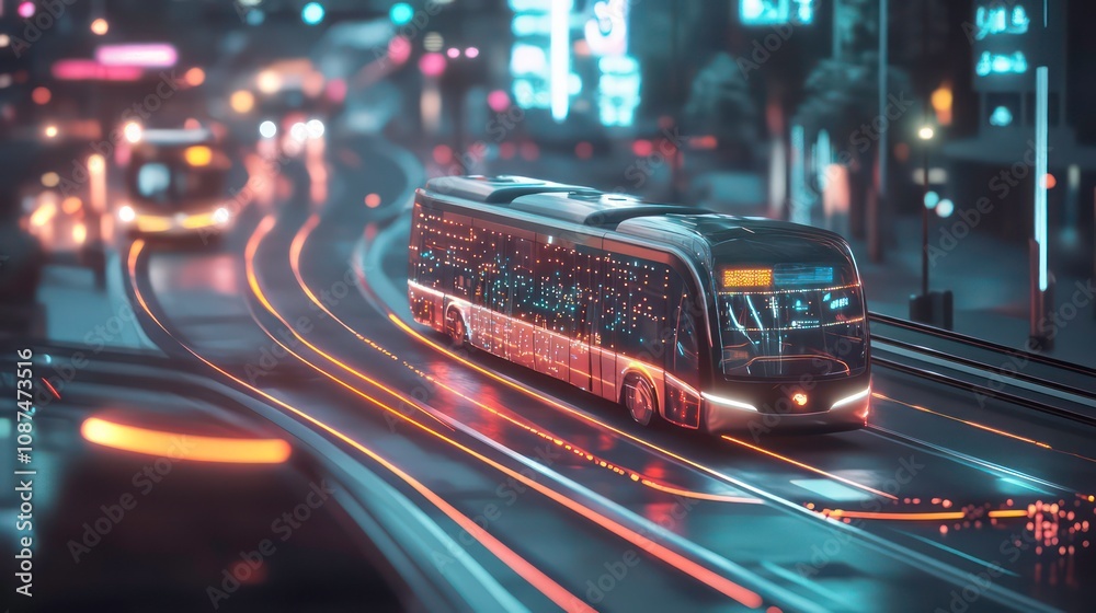 Futuristic electric bus driving on a glowing road in a city at night. Futuristic electric bus driving on a glowing road in a city at night.