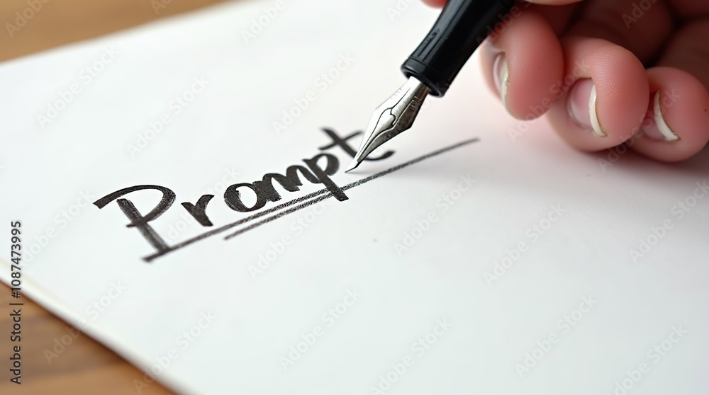 Fototapeta premium Hand Holding Fountain Pen Writing 'Prompt' on Paper