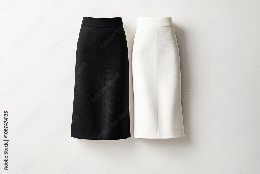 Black and white pencil skirts displayed side by side on a plain white background, showcasing their sleek and professional design, perfect for officewear mockups, branding, and fashion promotions Black and white pencil skirts displayed side by side on a plain white background, showcasing their sleek and professional design, perfect for officewear mockups, branding, and fashion promotions