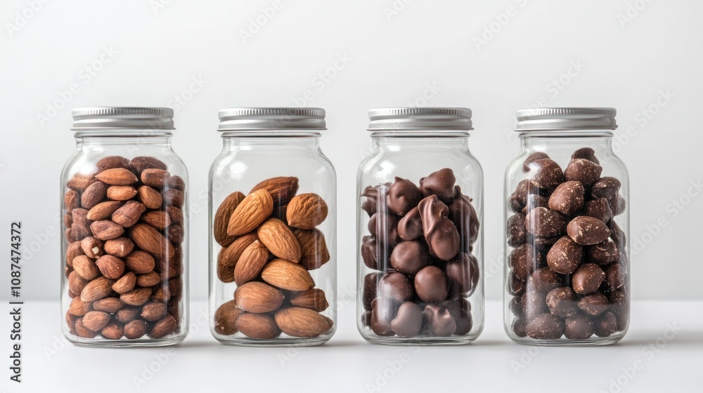 Various chocolate-coated nuts in elegant glass jars, minimalistic presentation Various chocolate-coated nuts in elegant glass jars, minimalistic presentation