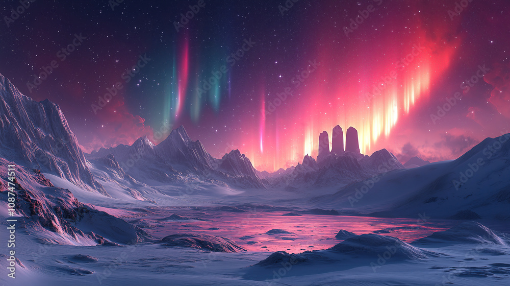 Vibrant auroras illuminate the night sky above a snowy landscape with mountains and a serene lake at twilight. Generative AI Vibrant auroras illuminate the night sky above a snowy landscape with mountains and a serene lake at twilight. Generative AI