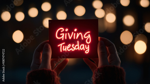 Giving tuesday, red neon text on card