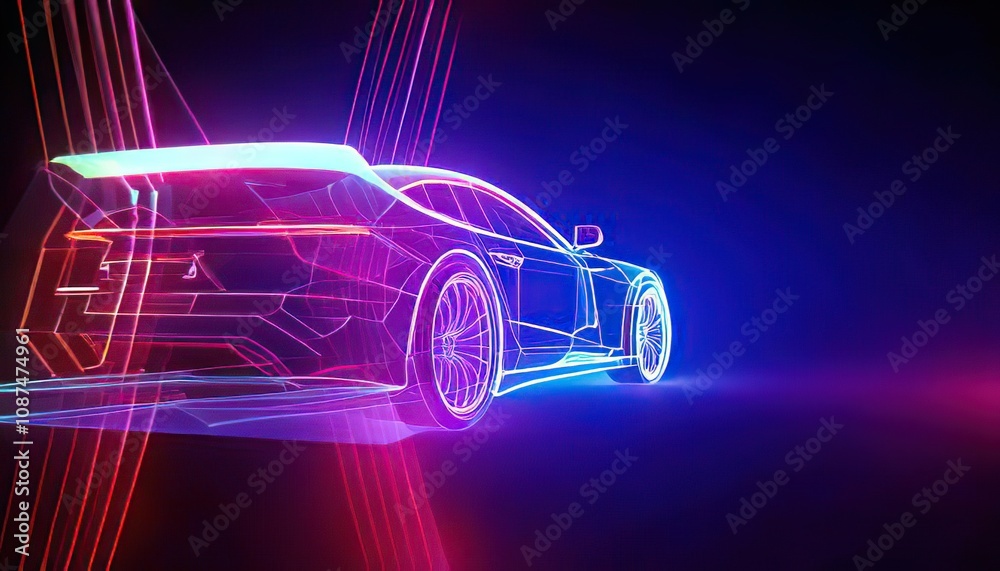 Futuristic Car in Neon Lights with Abstract Background Design Futuristic Car in Neon Lights with Abstract Background Design