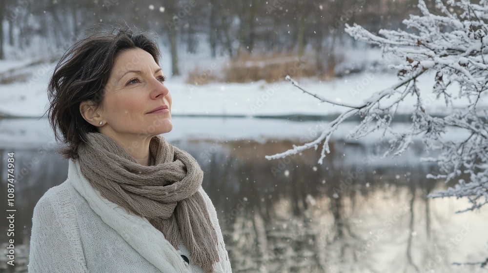 Serene Reflection: A portrait of a woman in a neutral-toned winter outfit, standing still in a quiet snowy area, with a serene expression as she admires the winter Serene Reflection: A portrait of a woman in a neutral-toned winter outfit, standing still in a quiet snowy area, with a serene expression as she admires the winter
