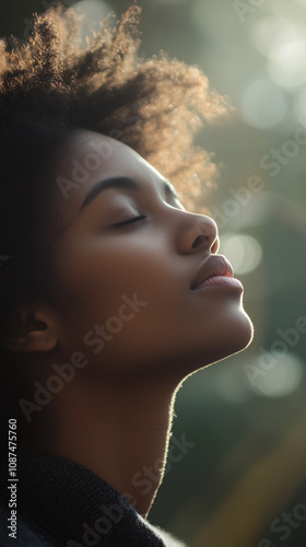 Peaceful Portrait of a Young Woman with Closed Eyes Enjoying Sunlight and Nature in a Serene Outdoor Setting