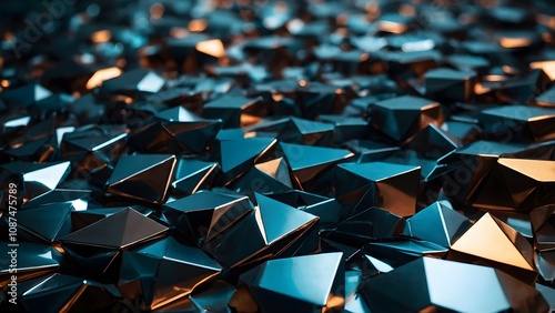 Shiny Dark Blue Geometric Shapes Scattered on a Surface Creating an Abstract Pattern in Modern Art Style