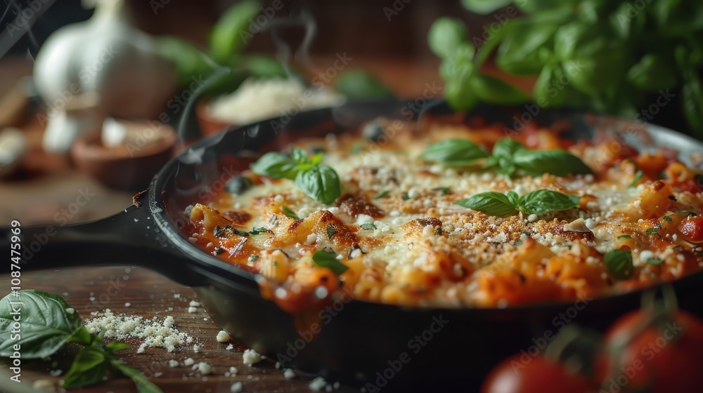A delicious baked dish in a cast iron skillet, topped with fresh basil and cheese, surrounded by tomatoes and garlic, showcasing a rustic, hearty meal. A delicious baked dish in a cast iron skillet, topped with fresh basil and cheese, surrounded by tomatoes and garlic, showcasing a rustic, hearty meal.