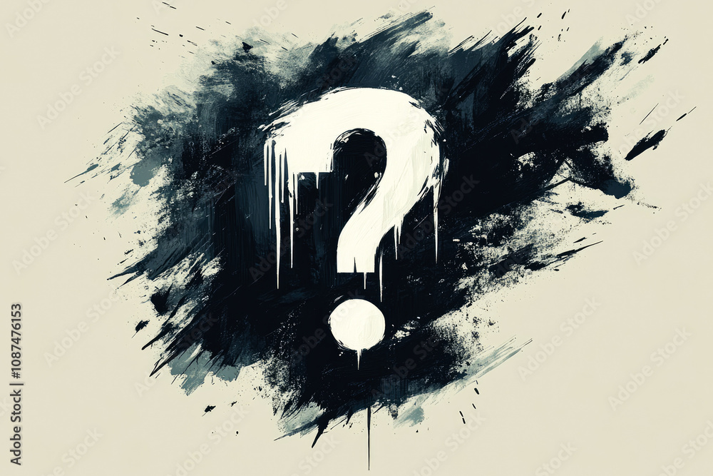 A dripping, white question mark is centrally featured on a dark, textured canvas, evoking mystery and contemplation through art. A dripping, white question mark is centrally featured on a dark, textured canvas, evoking mystery and contemplation through art.