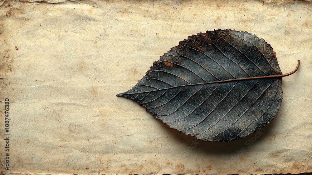 A detailed, dried leaf placed on an aged, textured background. A detailed, dried leaf placed on an aged, textured background.