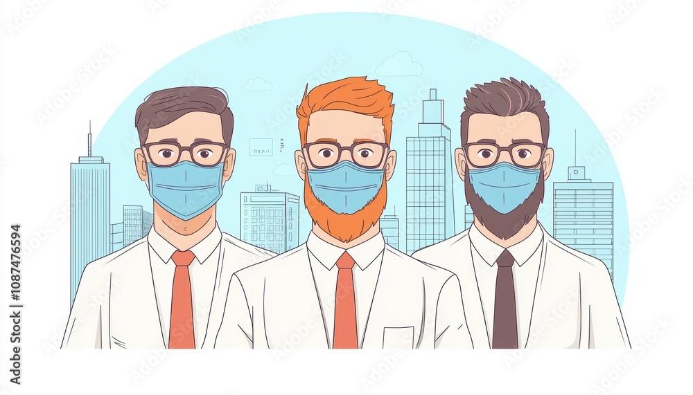Three professionals wearing masks and glasses, standing together against a cityscape backdrop. Three professionals wearing masks and glasses, standing together against a cityscape backdrop.