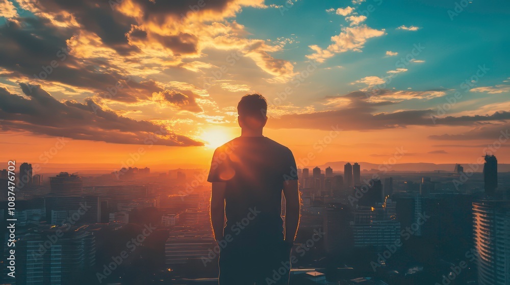 Fototapeta premium A man stands on a rooftop overlooking a city skyline as the sun sets behind him.