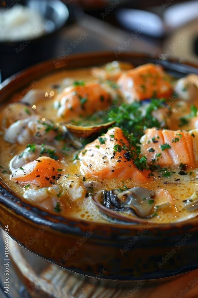 A delicious seafood stew featuring salmon, clams, and oysters, garnished with fresh herbs in a rustic bowl. A delicious seafood stew featuring salmon, clams, and oysters, garnished with fresh herbs in a rustic bowl.