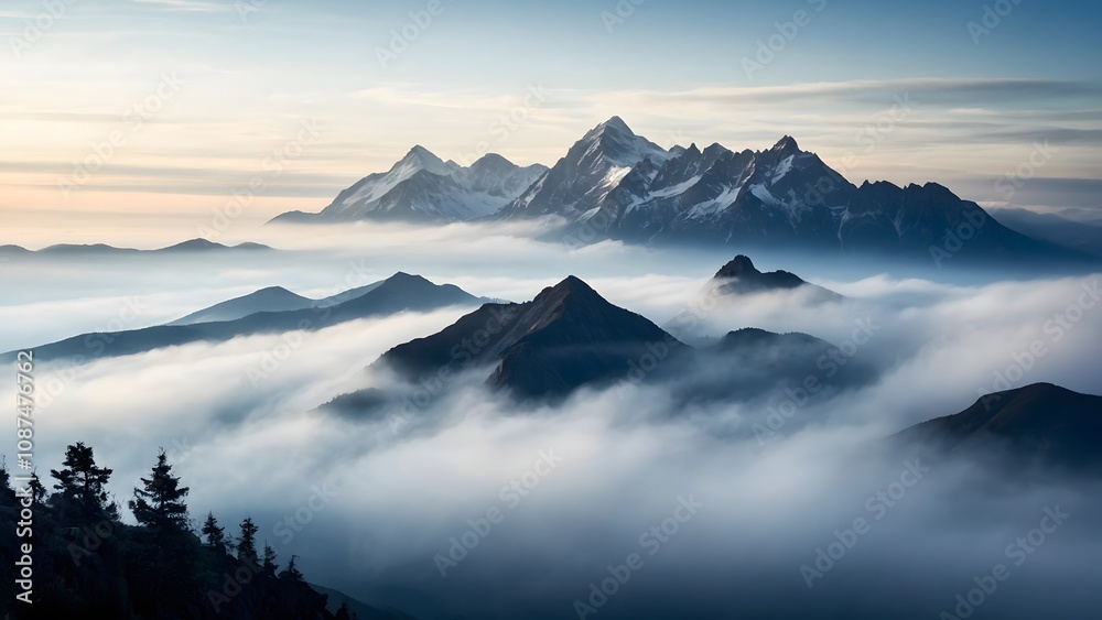 Majestic Snow-Capped Mountains Rise Above Clouds at Dawn With Serene Valley Below in a Breathtaking View Majestic Snow-Capped Mountains Rise Above Clouds at Dawn With Serene Valley Below in a Breathtaking View