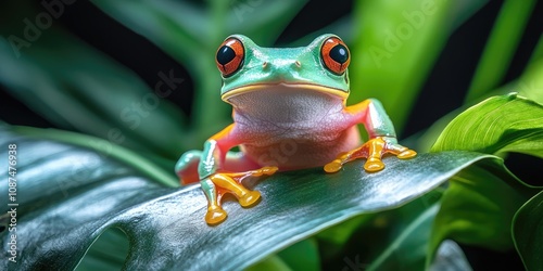 Dumpy frog perched on a leaf, showcasing its vibrant colors. The dumpy frog s unique appearance makes it a captivating subject for photography, highlighting the beauty of frogs and tree frogs alike. photo