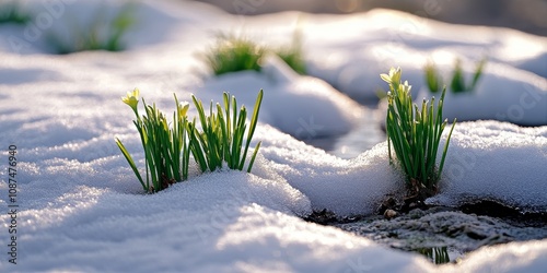 Obraz na płótnie Spring brings the melting snow, revealing fresh grass underneath. The transition of spring is highlighted by the snow melting and the emergence of grass as nature begins to awaken. w salonie