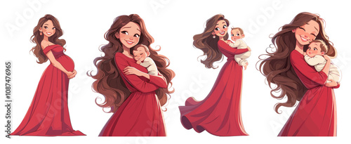 young mother cartoon. brunette woman in red long dress hugs baby, pregnancy motherhood birth family set vector illustration