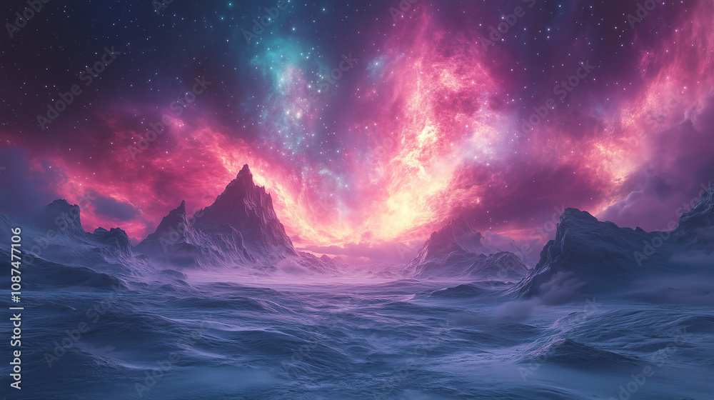 Naklejka premium Stunning cosmic landscape with vibrant colors illuminating mountains and water at dusk, capturing the beauty of the universe. Generative AI