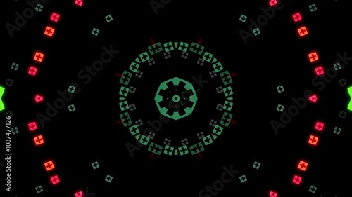 Kaleidoscopic Pattern of Glowing Plus Signs in Red, Green, and Black