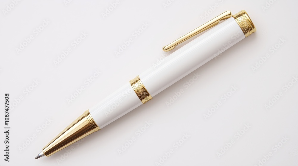 Elegant White and Gold Pen with Clip on a Bright Background Ideal for Office Supplies, Business, Writing, and Promotional Uses to Inspire Creativity and Professionalism Elegant White and Gold Pen with Clip on a Bright Background Ideal for Office Supplies, Business, Writing, and Promotional Uses to Inspire Creativity and Professionalism