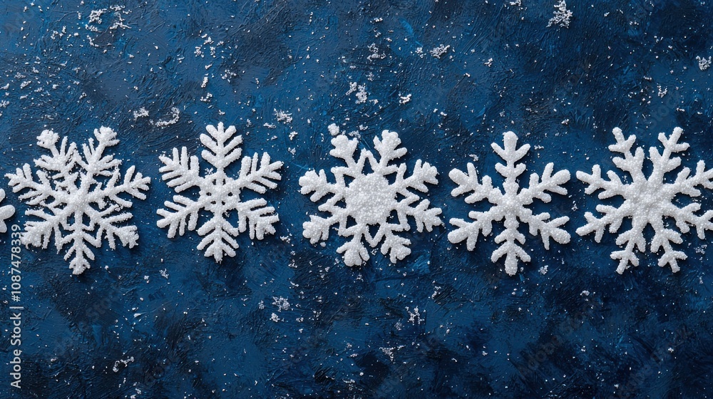 Snowy Christmas border with soft white snowflakes scattered along a blue background. Snowy Christmas border with soft white snowflakes scattered along a blue background.