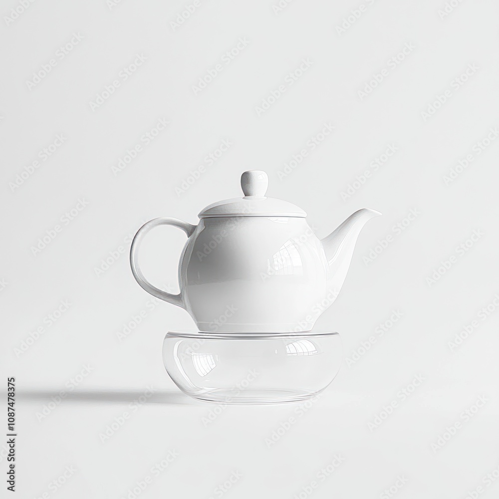 A minimalist white teapot resting on a transparent glass base, designed for brewing tea. A minimalist white teapot resting on a transparent glass base, designed for brewing tea.
