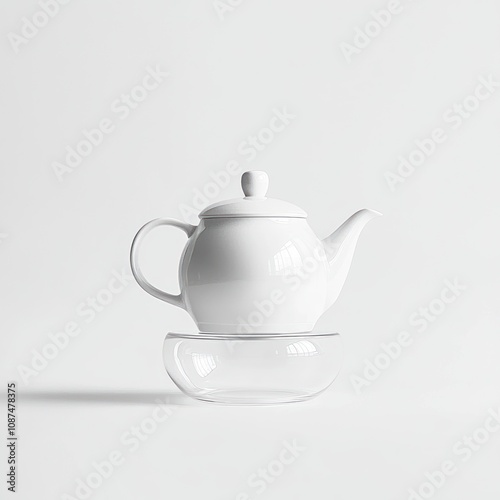 A minimalist white teapot resting on a transparent glass base, designed for brewing tea.