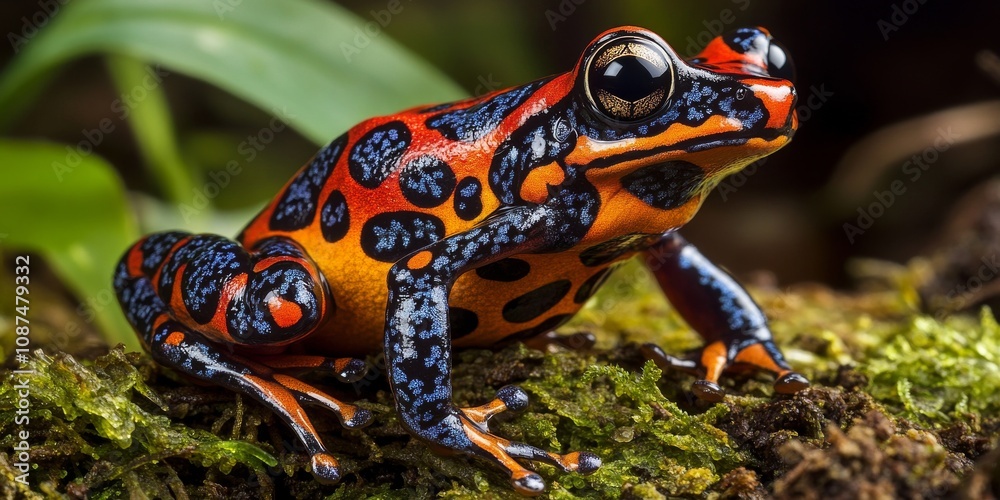 Fototapeta premium Harlequin frog species, characterized by its vibrant colors, thrives in its natural habitat. The harlequin frog showcases unique traits and behaviors that highlight its ecological importance.