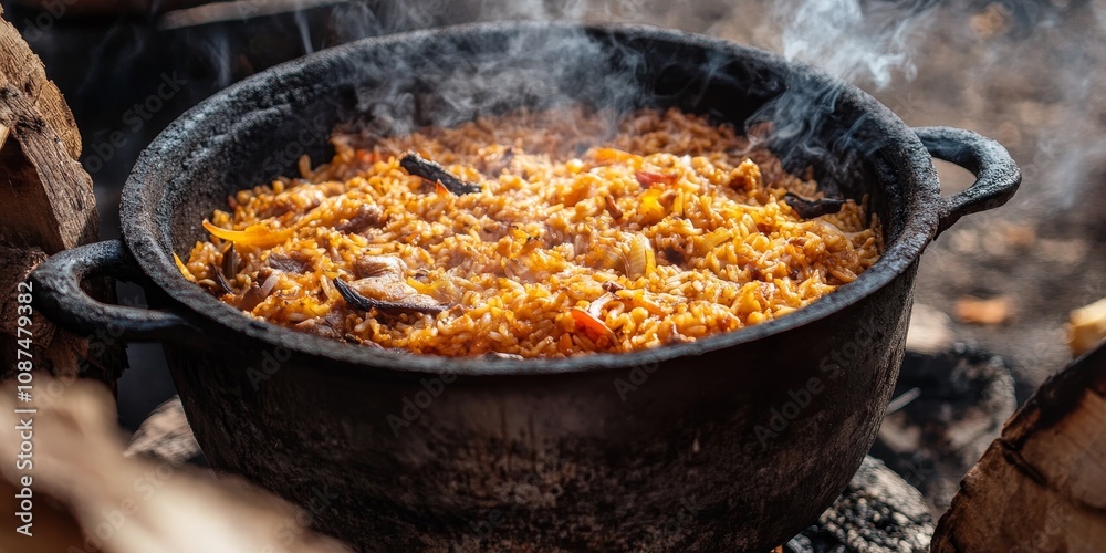 Pilau cooking in a cauldron over an open fire showcases the traditional method for preparing pilau. The art of cooking pilau in a cauldron brings rich flavors and aromas to life. Pilau cooking in a cauldron over an open fire showcases the traditional method for preparing pilau. The art of cooking pilau in a cauldron brings rich flavors and aromas to life.