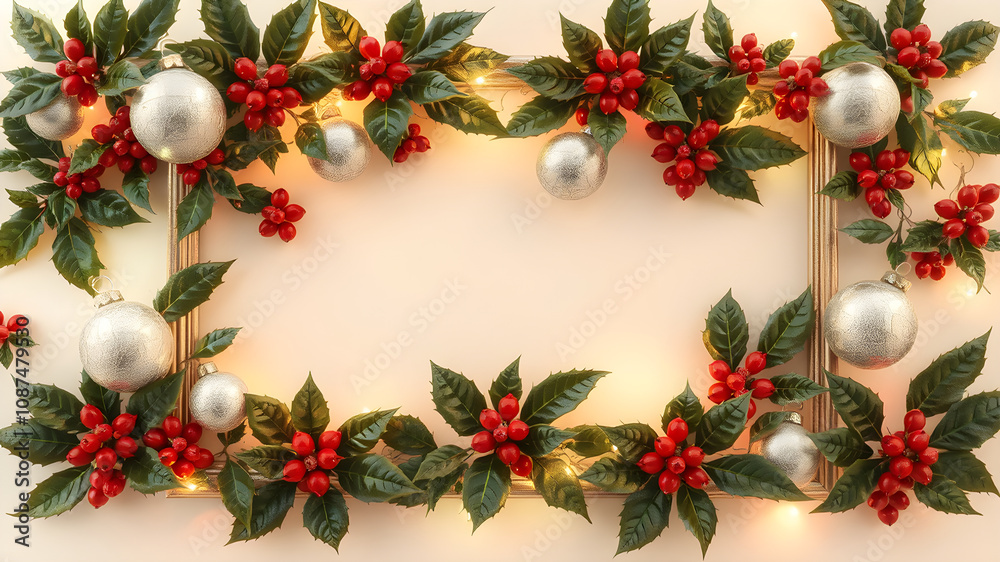 8K Christmas Background Image. The frame is decorated with Christmas decorations such as silver jingles surrounded by holly leaves and red berries