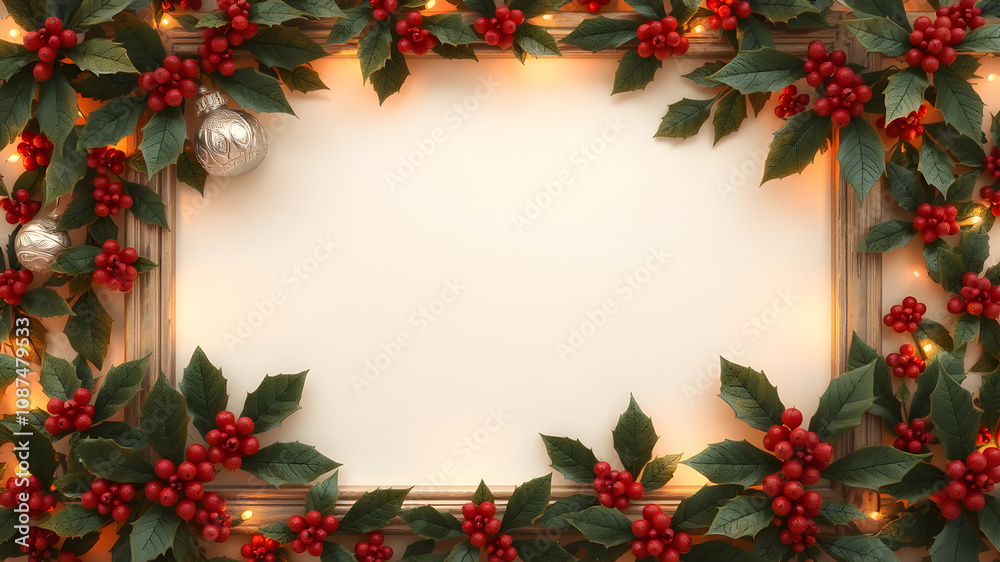 8K Christmas Background Image. The frame is decorated with Christmas decorations such as silver jingles surrounded by holly leaves and red berries 8K Christmas Background Image. The frame is decorated with Christmas decorations such as silver jingles surrounded by holly leaves and red berries