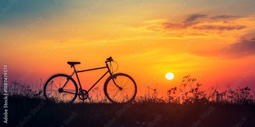 Obraz premium Silhouette of a bicycle against a stunning sunrise backdrop. The bicycle is positioned on a hill, capturing the beauty of the sunrise in soft focus, showcasing the allure of cycling during dawn.