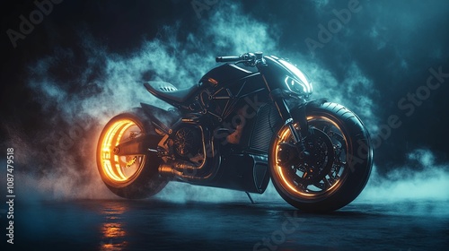 Futuristic Black Motorcycle With Glowing Wheels In Smoke photo