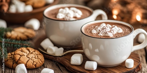 Warm hot cocoa or hot chocolate served in cups, accompanied by marshmallows and cookies in the background, beautifully captured on wood with selective focus on the right cocoa s surface.