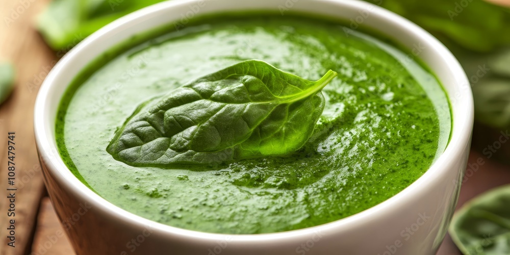 Fresh spinach cream soup garnished with vibrant spinach leaf on top. This spinach cream soup emphasizes the delightful texture and flavor of spinach, enhancing every spoonful. Fresh spinach cream soup garnished with vibrant spinach leaf on top. This spinach cream soup emphasizes the delightful texture and flavor of spinach, enhancing every spoonful.