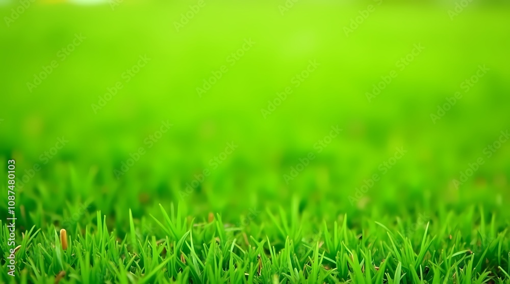 Naklejka premium Green lawn with fresh grass outdoors, ground level perspective