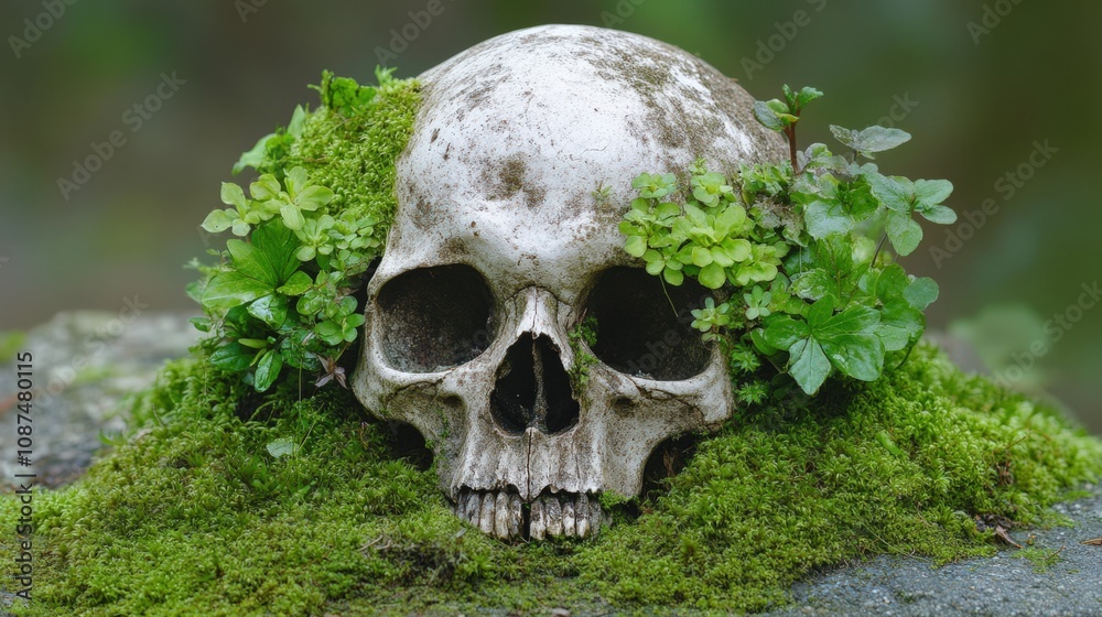 Nature's Embrace: A Skull Adorned with Greenery and Moss Nature's Embrace: A Skull Adorned with Greenery and Moss