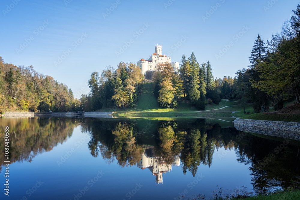 Amazing autumn view of majestic old castle and lake of Trakoscan in Zagorje, northern Croatia Amazing autumn view of majestic old castle and lake of Trakoscan in Zagorje, northern Croatia