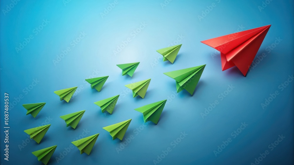 Fototapeta premium A red paper airplane leading a group of green paper airplanes on a blue background