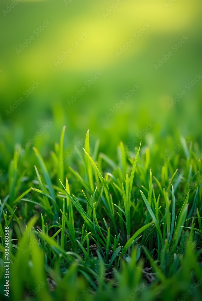 Fototapeta premium Green lawn with fresh grass outdoors, ground level perspective