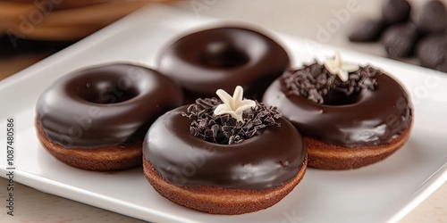 Three delectable chocolate donuts topped with a delightful vanilla garnish, showcasing the irresistibly delicious combination of flavors in each bite of these chocolate donuts.