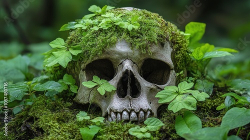 Nature's Embrace: A Skull Adorned with Greenery in a Forest Setting