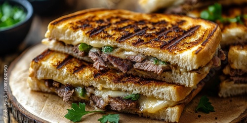 Delicious grilled Philly cheese steak sandwich, halved to showcase the mouthwatering layers. Enjoy the flavors of this grilled Philly cheese steak sandwich, perfect for any meal. photo