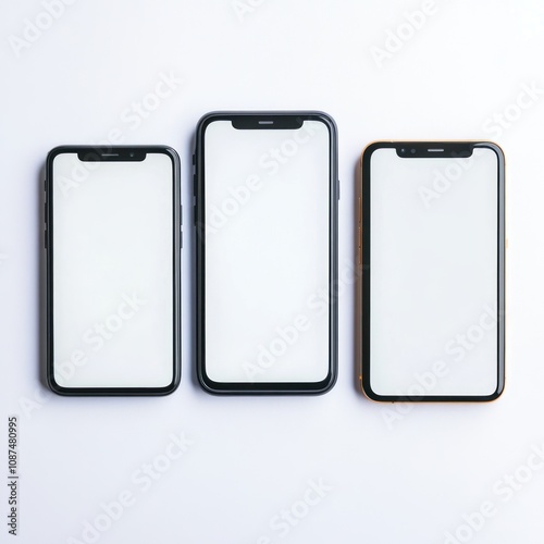 Three smartphones with blank screens arranged side by side on a white background.