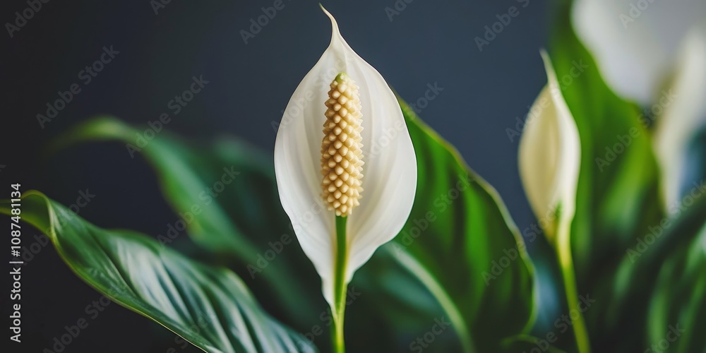 Obraz premium Close up of a blooming white spathiphyllum flower bud, showcasing the beauty of spathiphyllum. Ideal for those interested in the care of home plants and growing plants in an apartment setting.