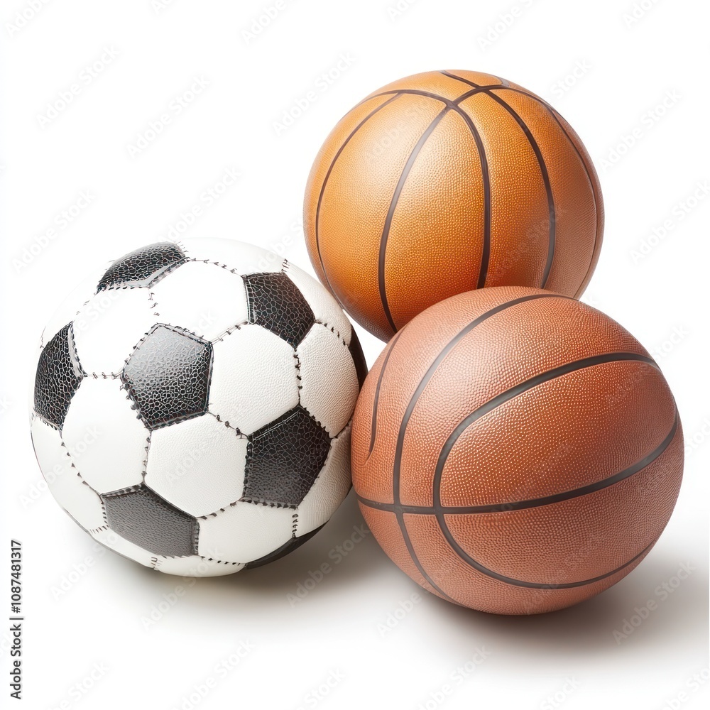 Three sports balls a soccer ball, a basketball, and a brown basketball, arranged together. Three sports balls a soccer ball, a basketball, and a brown basketball, arranged together.
