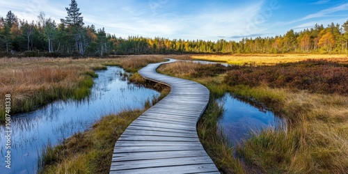 A stunning wooden footpath meanders through a tranquil marsh during early spring, inviting exploration of the serene landscape along the captivating footpath in nature. photo