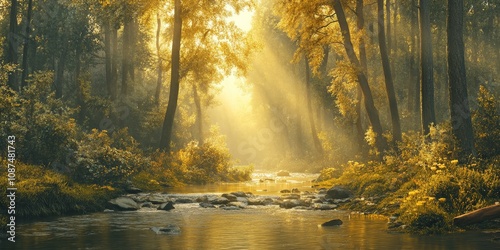 Morning light illuminates the serene forest river, creating a peaceful atmosphere as the gentle flow of the forest river adds to the tranquility of the early hours in nature.