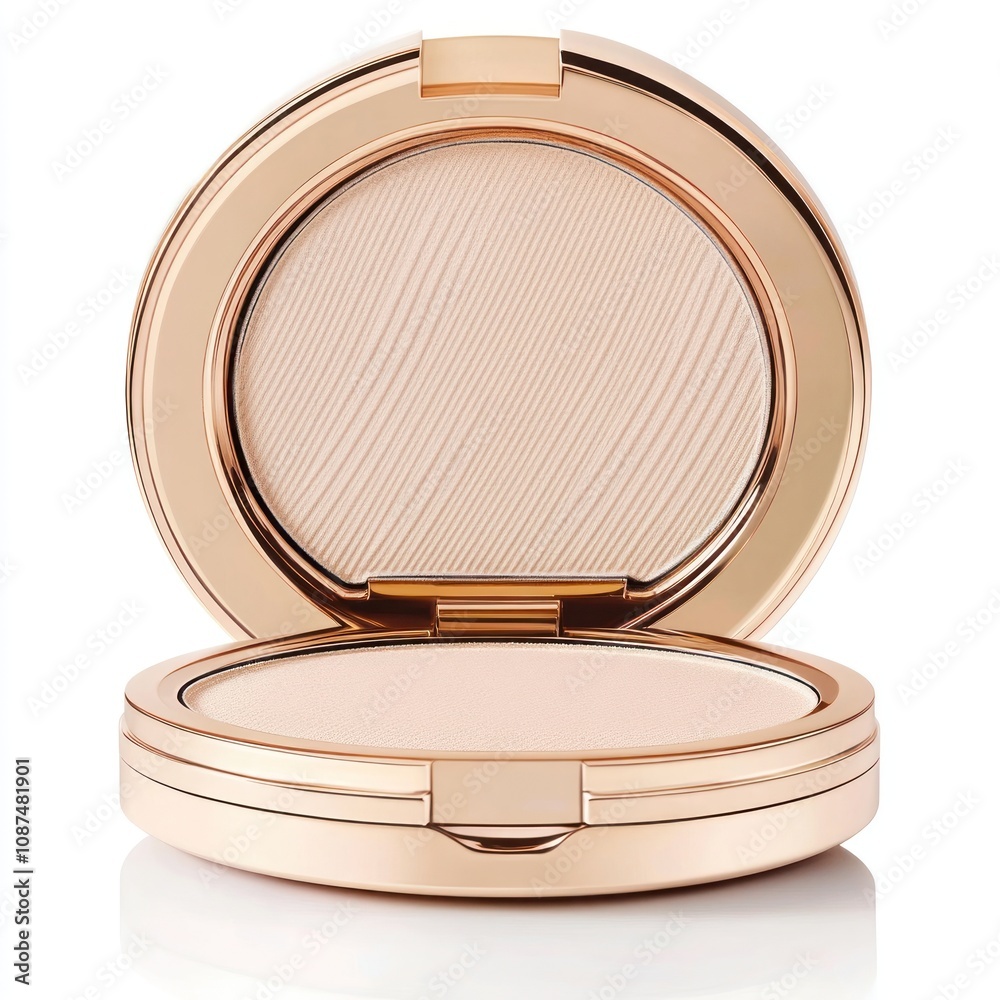 A compact powder case with a smooth, light-colored powder inside for makeup application. A compact powder case with a smooth, light-colored powder inside for makeup application.
